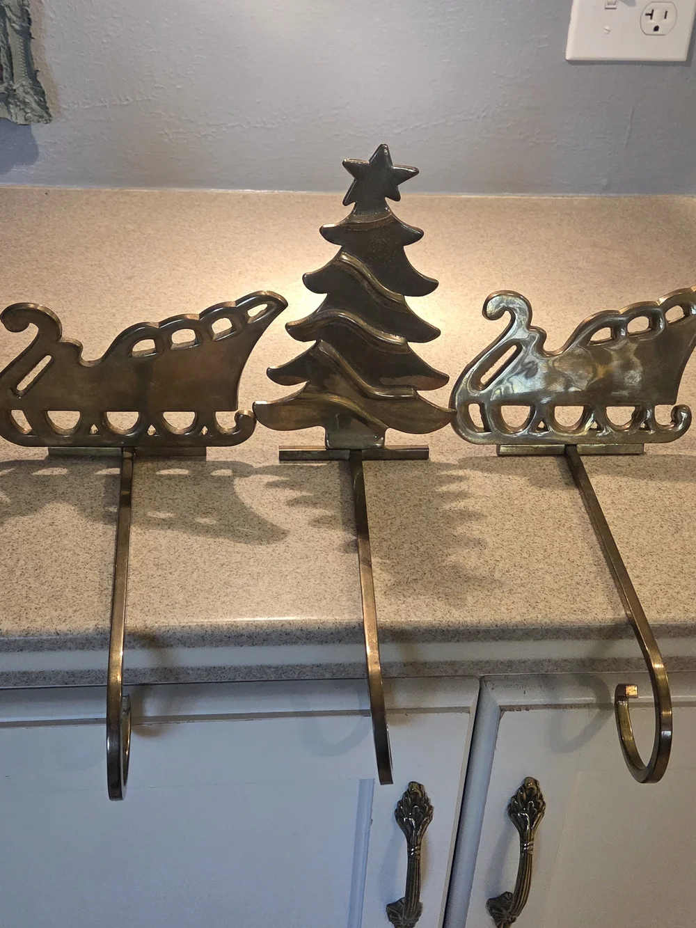 Brass Finish Christmas Stocking Hangers with Tree and Sleigh Design Set Of 5